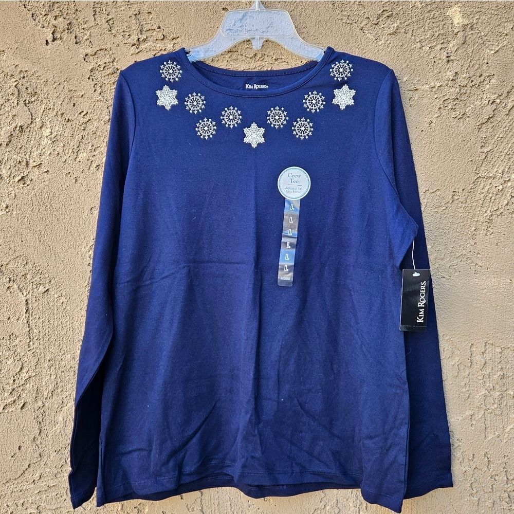 Kim Rogers Navy Blue Christmas Snowflake Long Sleeve Shirt